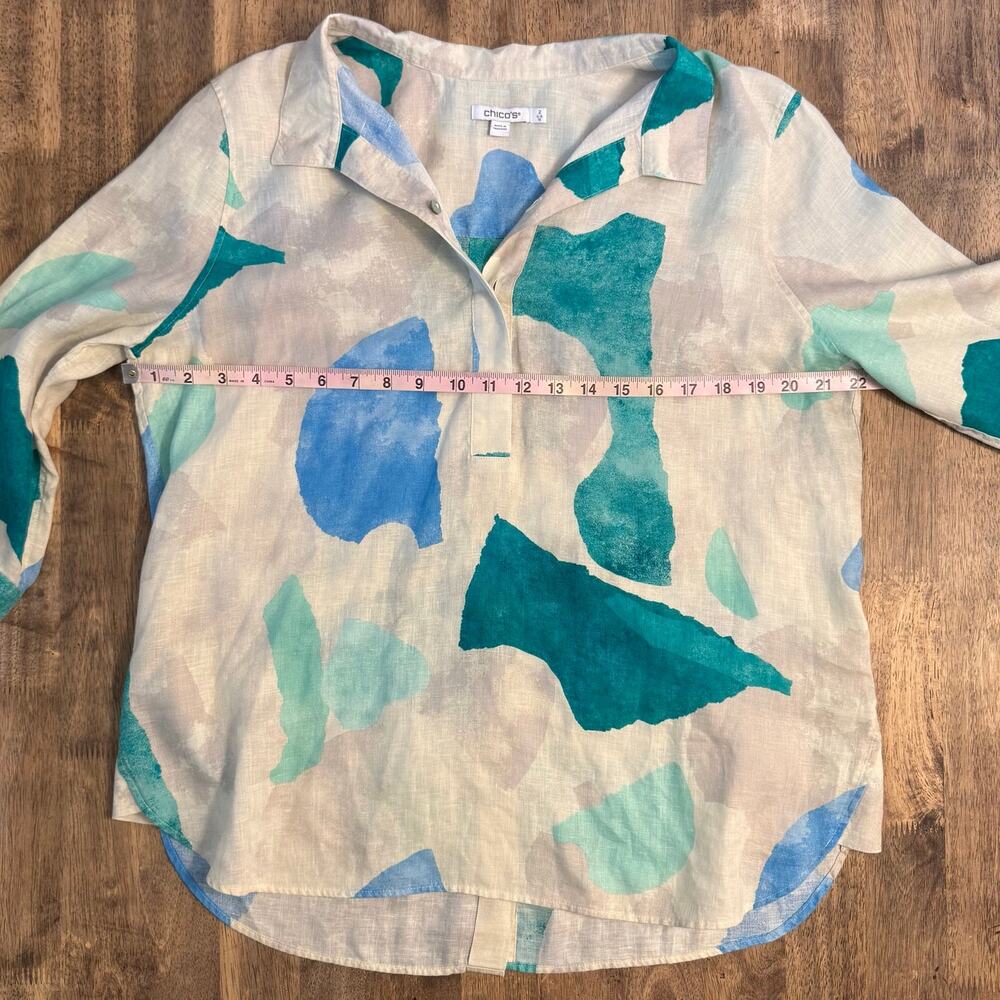 Chico's 100% Linen Blouse Watercolor 3/4 Sleeve Popover Cream Women's (2) US 12 - Picture 5 of 8